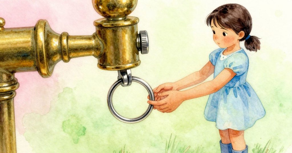 Rhea的手在仔細取銅環,特寫展現銅環細節及木質旋轉木馬表面蘊含的歷史感。