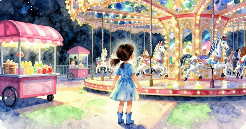 從Rhea視角望去,旋轉木馬上鏡面和小販車交織彩光,動態場景中散發著懷舊氣息。