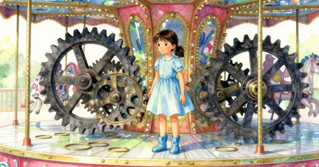 透過半透明底層觀看,展現旋轉木馬下隱藏的老舊齒輪與散落銅環,光線柔和如水中幻影。