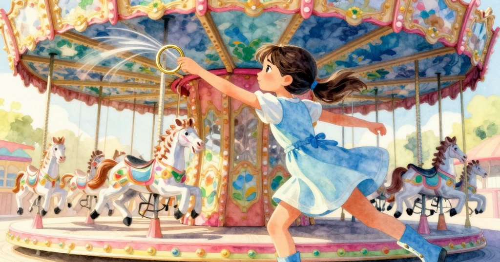 Rhea迅速伸臂捕捉飛出的銅環,動感軌跡顯現她熟練動作,背景旋轉木馬充滿活力。