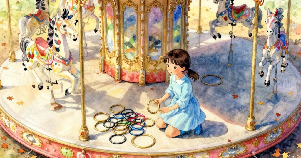 Rhea下跪拾起散落銅環,整個旋轉木馬與秋葉相映,充滿傳統溫情與柔和光影。