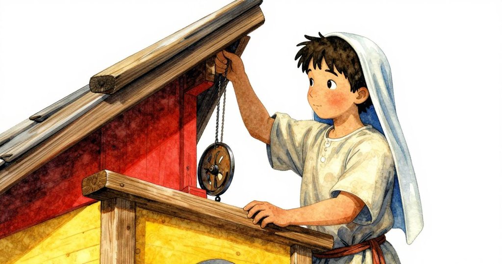 Henrik以扭曲視角操作滑輪,慢慢撬開蜂巢頂蓋,畫面中木質結構與機械細節突出,神情專注。
