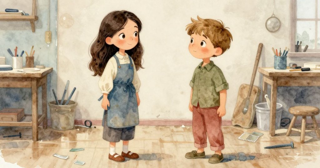 奧莉薇踏在拋光的工作室地板上，玻璃碎片與工具閃著微光，細膩展示製作過程中移動的足跡與節奏