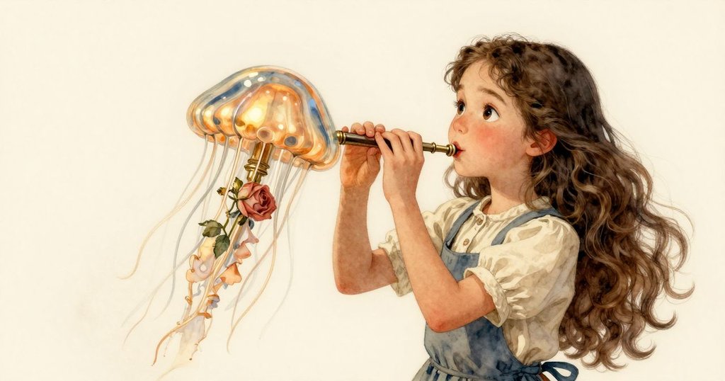 奧莉薇輕輕吹氣，玻璃在管中形成水母般扭曲的形狀，燈光映照下呈現出柔和而夢幻的動態效果