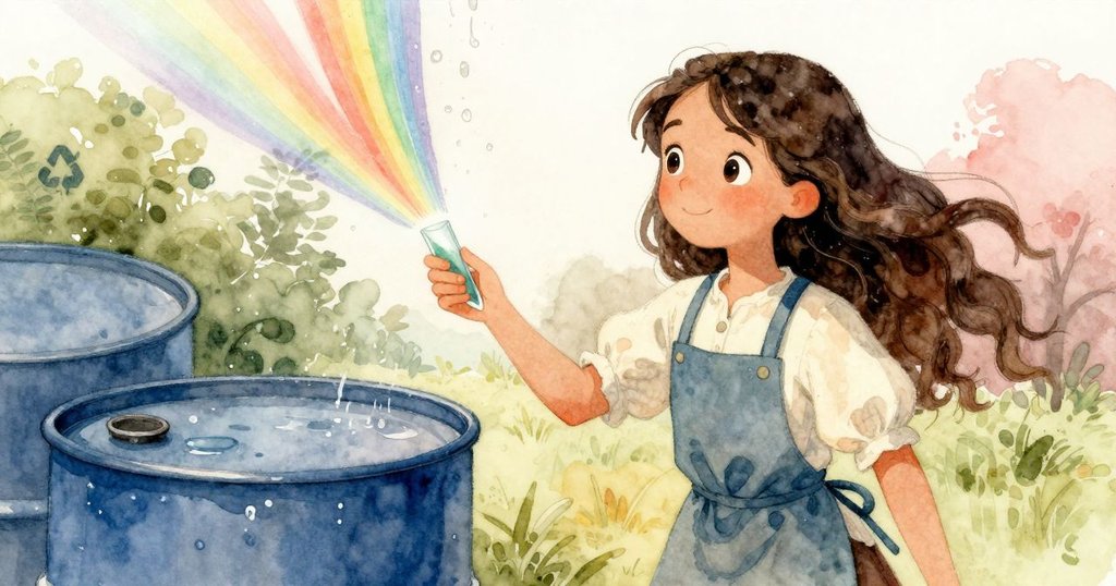 奧莉薇在回收桶邊彎身拾起一片濕潤玻璃碎片，碎片閃耀出彩虹般光芒，現實與幻想交融，情景充滿魔幻氛圍