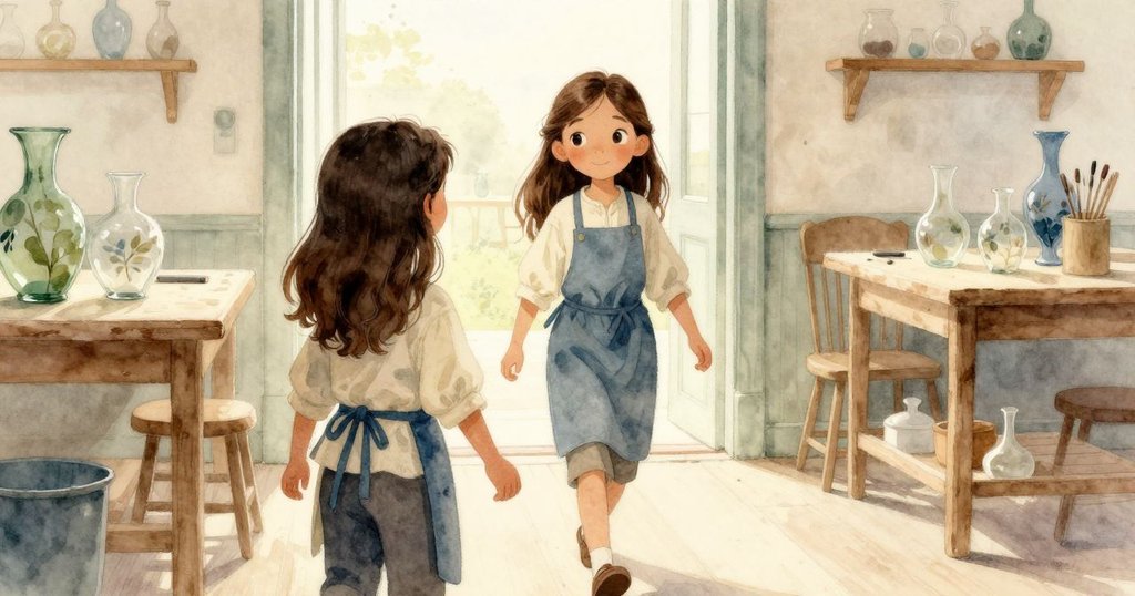 奧莉薇整理完工作台後，握著完成的玻璃器物走向出口，背影在柔和光線中流露出滿足與告別情懷