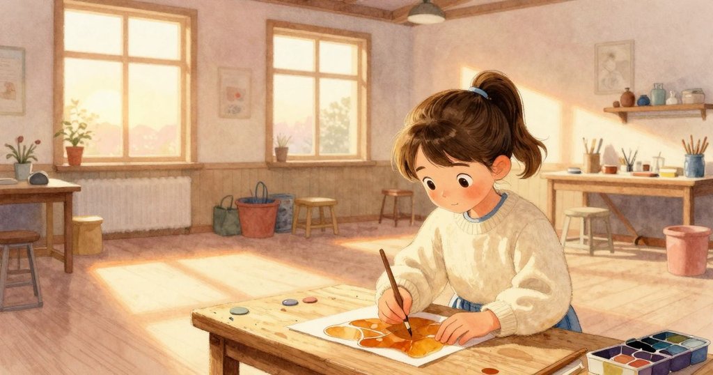 梅在工作室內專注打磨琥珀，溫暖光線灑落，充滿期待與專注，背景窗外景致柔和