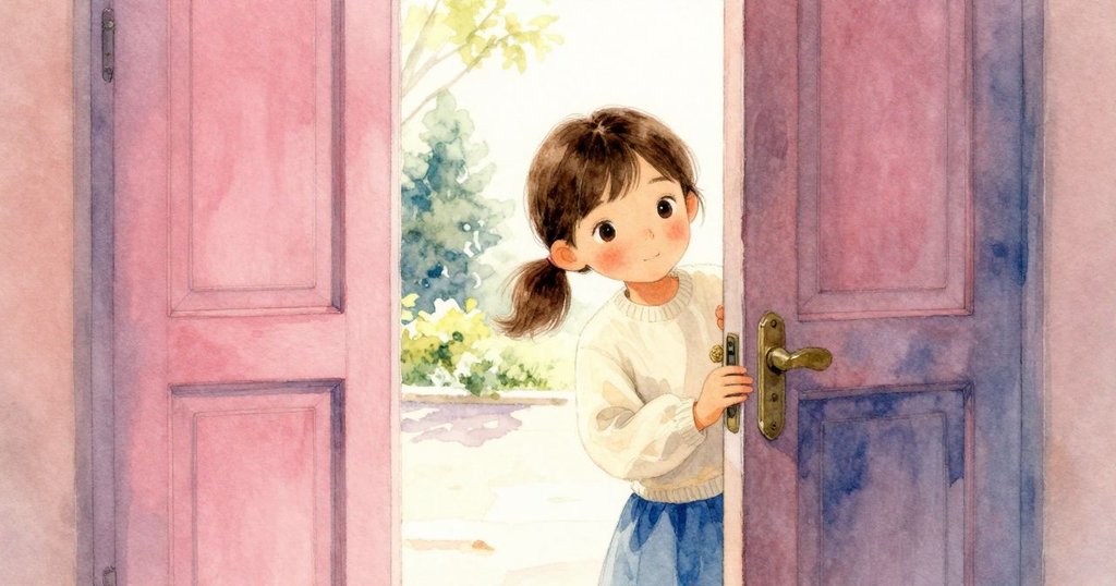 梅從微開的門縫中向窗外窺望，聽見遠處車鈴聲與鄰居呼喊，心中充滿詩意