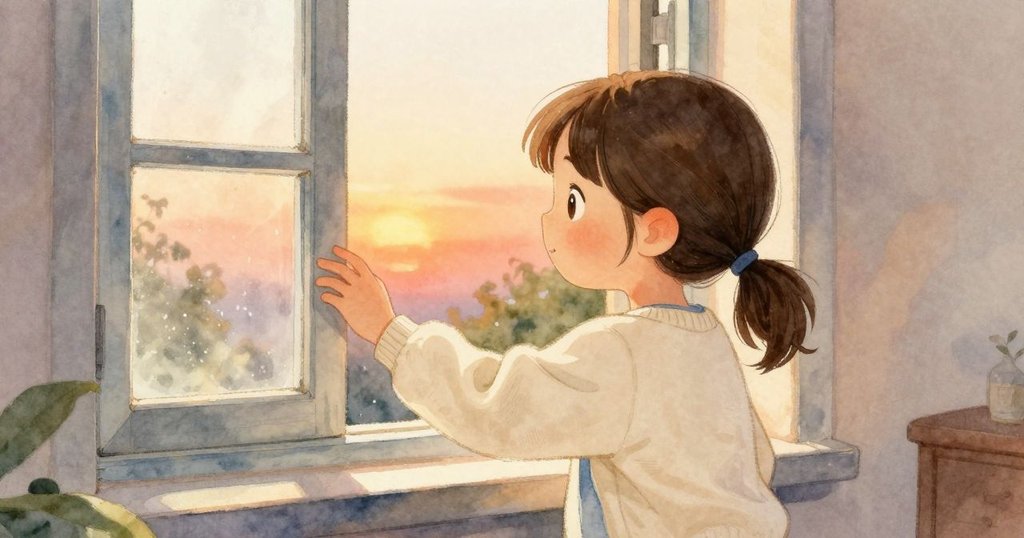 梅打開窗戶迎入涼爽空氣和飛揚木屑，夕光柔和，室內外界限逐漸模糊，充滿詩意