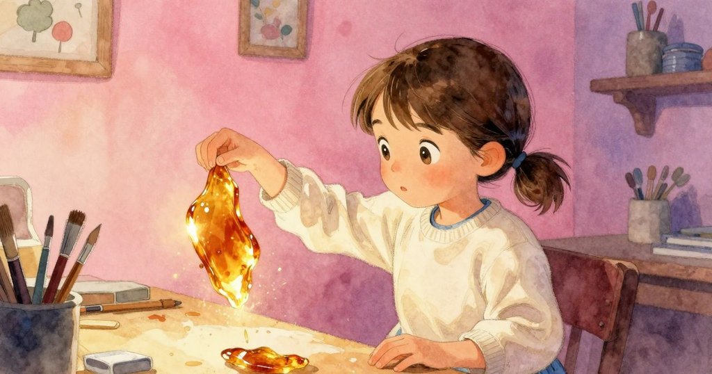 梅迅速調整琥珀，手部動作靈活展現瞬間閃光，工作中充滿活力與細節