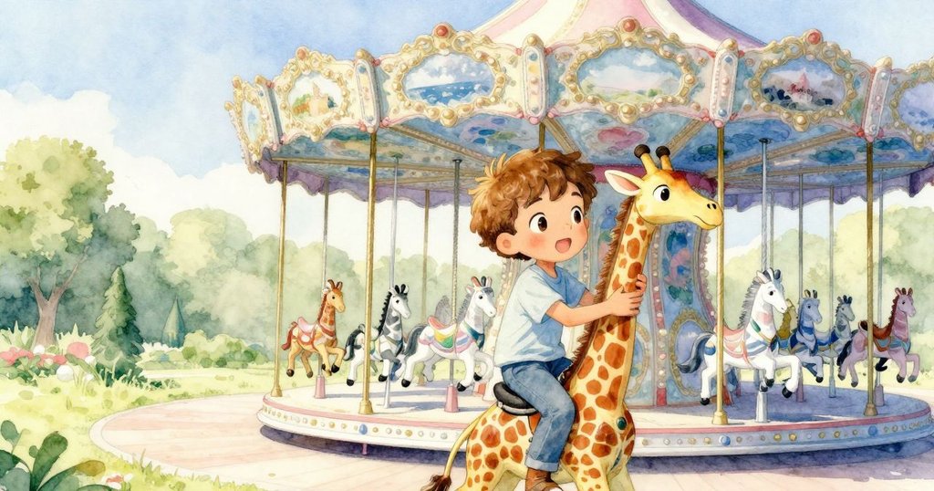 Quinn 在旋轉木馬上側身騎長頸鹿，抓著暖黃銅柱，背景色彩斑斕，充滿童趣與期待。