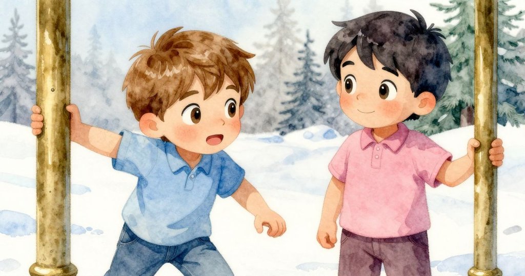 Quinn 仔細觸摸銅柱上的凹痕，展現金屬光澤與溫暖質感，臉上流露專注好奇之情。