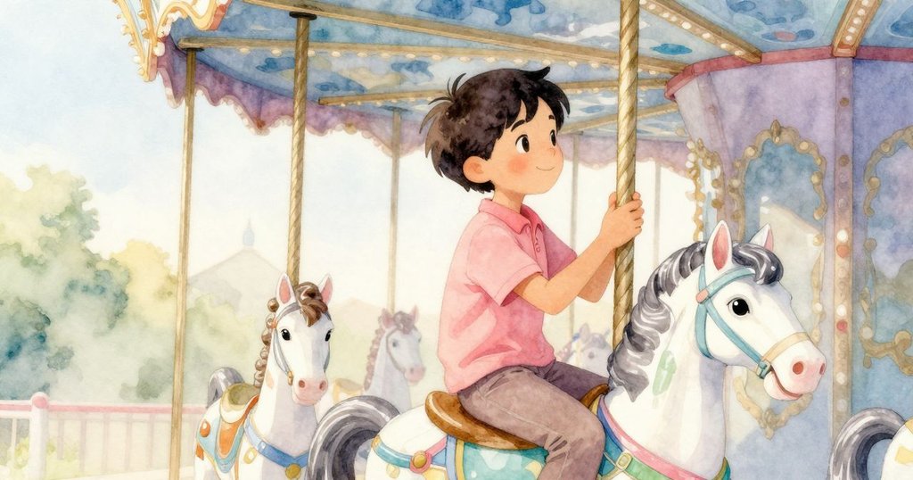 Niall 站在欄杆上大聲叫喊『Missed it』，背景中的木馬緩緩轉動，充滿輕快和挑戰精神。