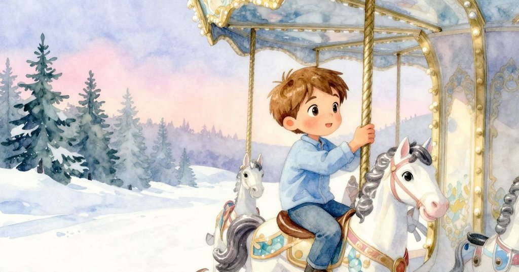 Quinn 堅定地握住銅柱凹痕，木馬緩緩下降，夕陽柔光映照，故事延續暗示更多冒險。