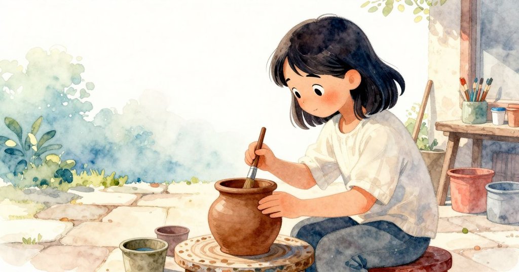晨光中Zinnia操作毛筆在陶器上揮灑，戶外工作坊環境展現平靜與專注情緒