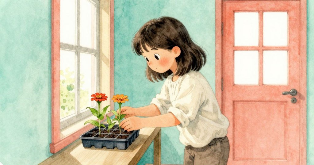 中景畫面中Zinnia在檢視發芽托盤和通風口，透過破裂窗光營造隱秘氛圍，流露出探索與好奇的感受
