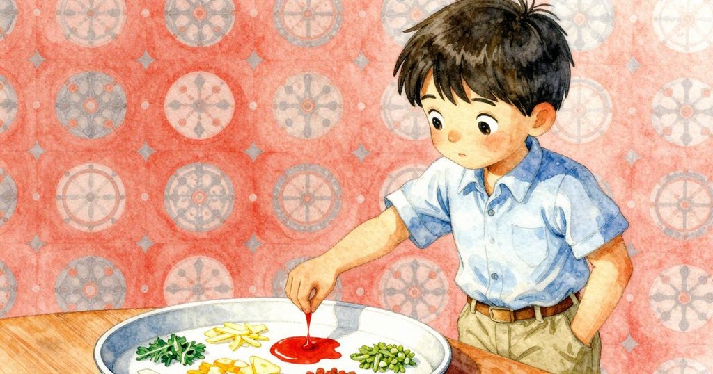 從加納視角看托盤上重疊的彩環，紅色水滴擴散推動舊環，細膩展示創作過程。