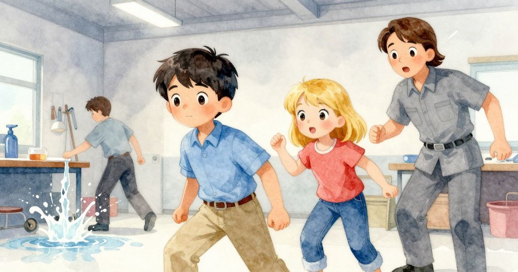 工作室內門口處，車子撞擊桌腿濺起水花，指導員急速走過，加納與芬娜謹慎後退，現場充滿張力。