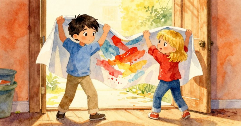 加納與芬娜共同揭起濕布，展示出充滿色彩的最終作品，工作室溫暖光線襯托出滿足與驚歎感。