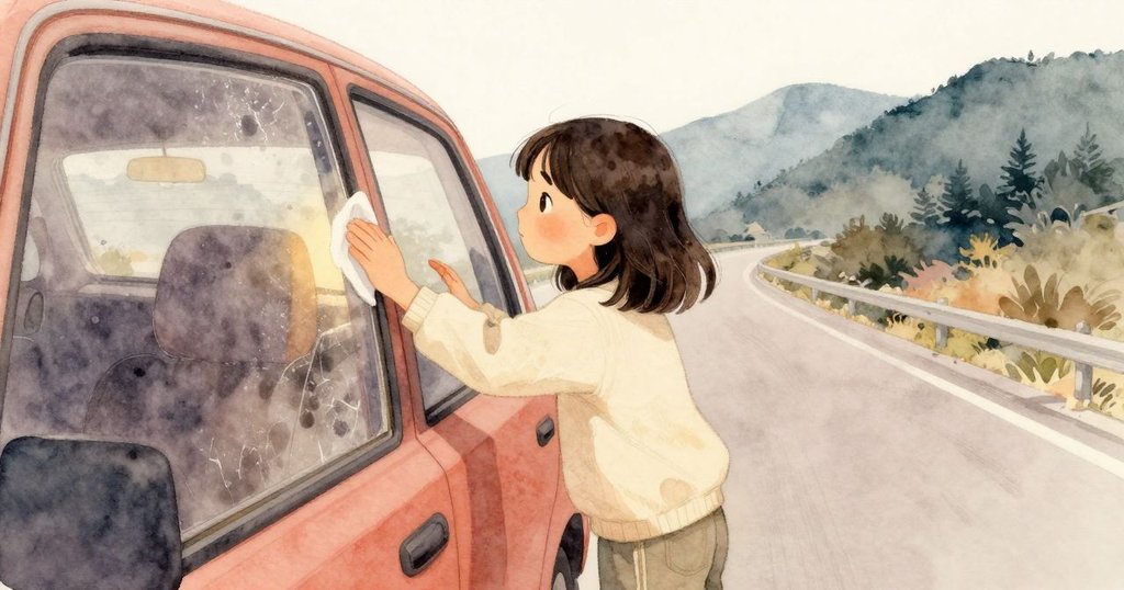 Verity 正在車內擦拭窗戶,神情專注,窗外展現曲折的山路與溫暖燈光,充滿神秘感