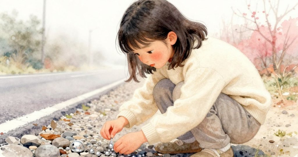 Verity 蹲下仔細查看石路上銀色水珠軌跡,神情專注且充滿好奇,背景是迷霧中的山路