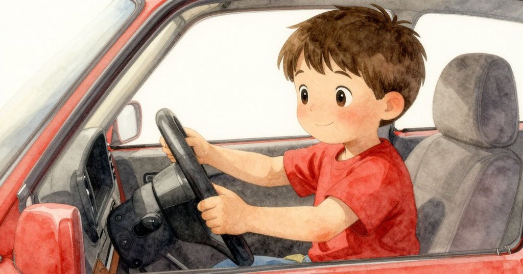 格倫坐在紅色碰碰車內，伸手觸碰微熱的塑膠方向盤，細節清晰展現興奮與期待。