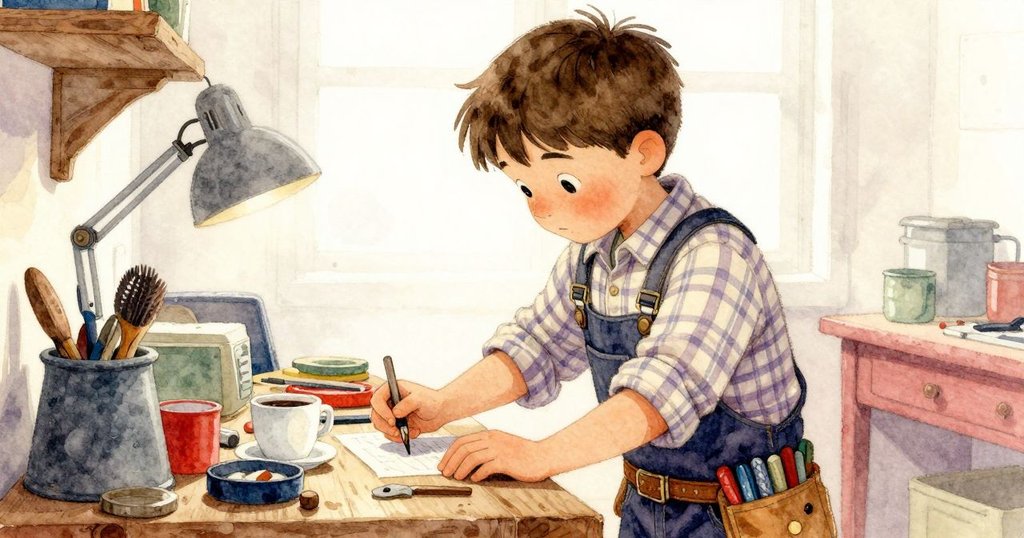 Birch俯身檢視工作台上混亂的物品，咖啡杯與工具形成鮮明對比，室內光線溫暖，展示時間流逝。