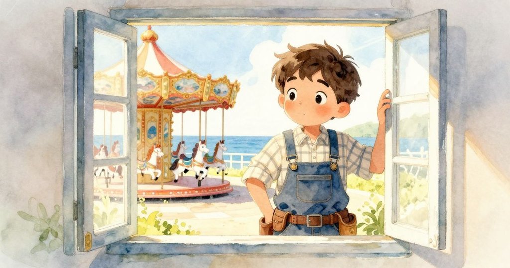 Birch於陽光明媚的窗前停留欣賞，室內機械與窗外旋轉木馬交織，傳遞夏日和諧氣氛。