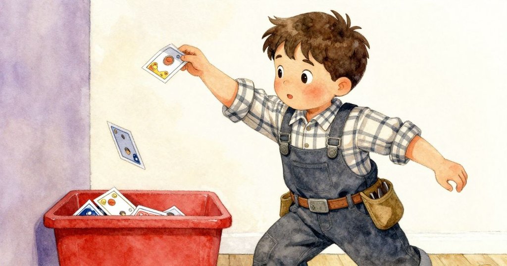 Birch迅速拋向布箱中的卡片，動作充滿活力，室內溫暖燈光襯托出他果斷的修理姿態。