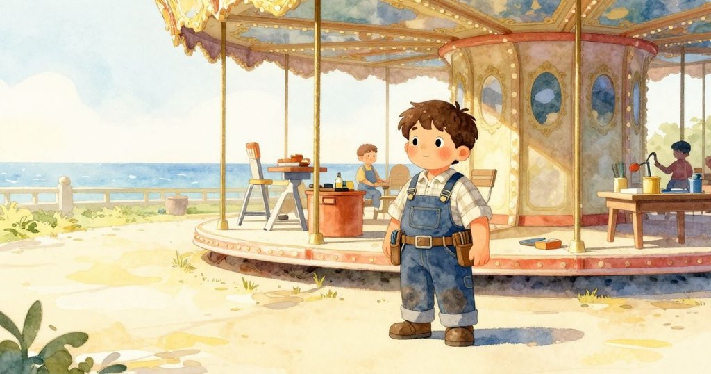 Birch滿意地靠回空曠機房，聆聽恢復整齊韻律的機器音樂，室外旋轉木馬與室內和諧共鳴，氛圍安詳。