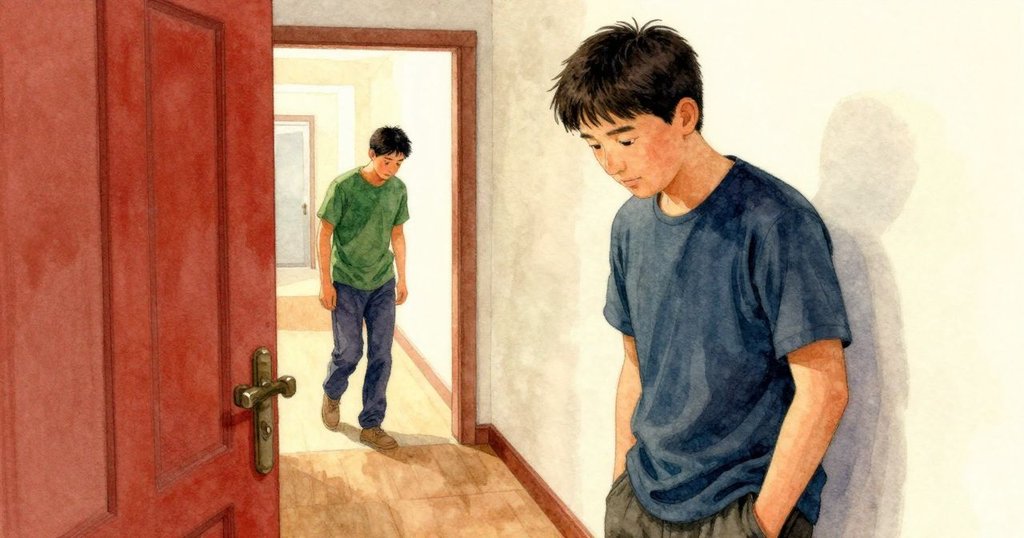 Nolan從門口走近,輕輕點頭致意,中景動感表現走廊木質細節與溫柔光影