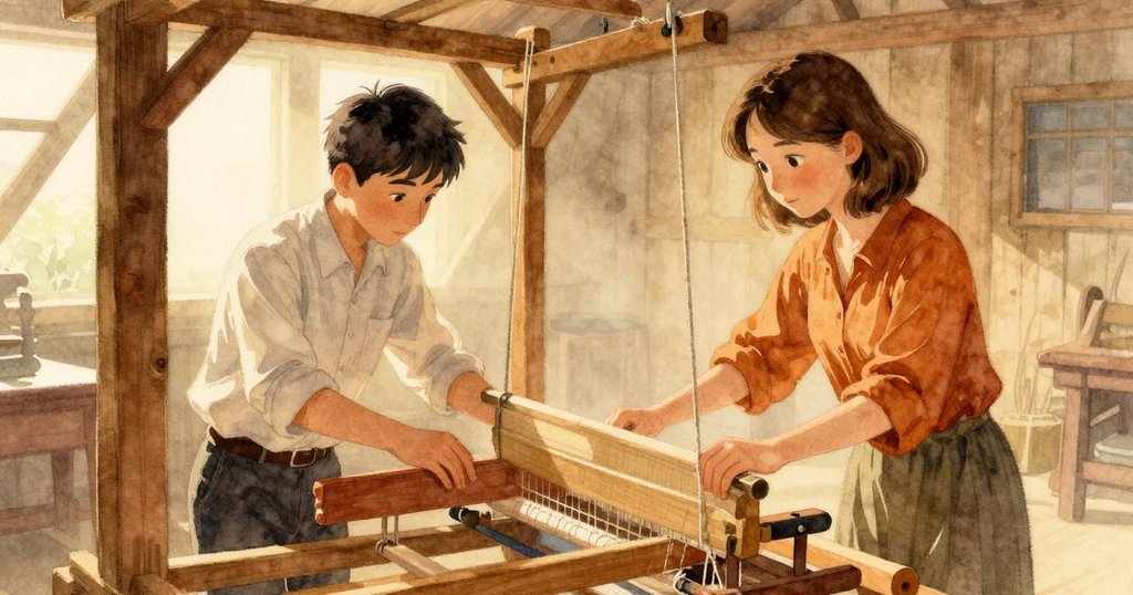 奈爾在晨霧中操作織機，葛瑞塔在後方靜觀，木造小屋內散發溫暖光線，展示故事開始的神秘意境