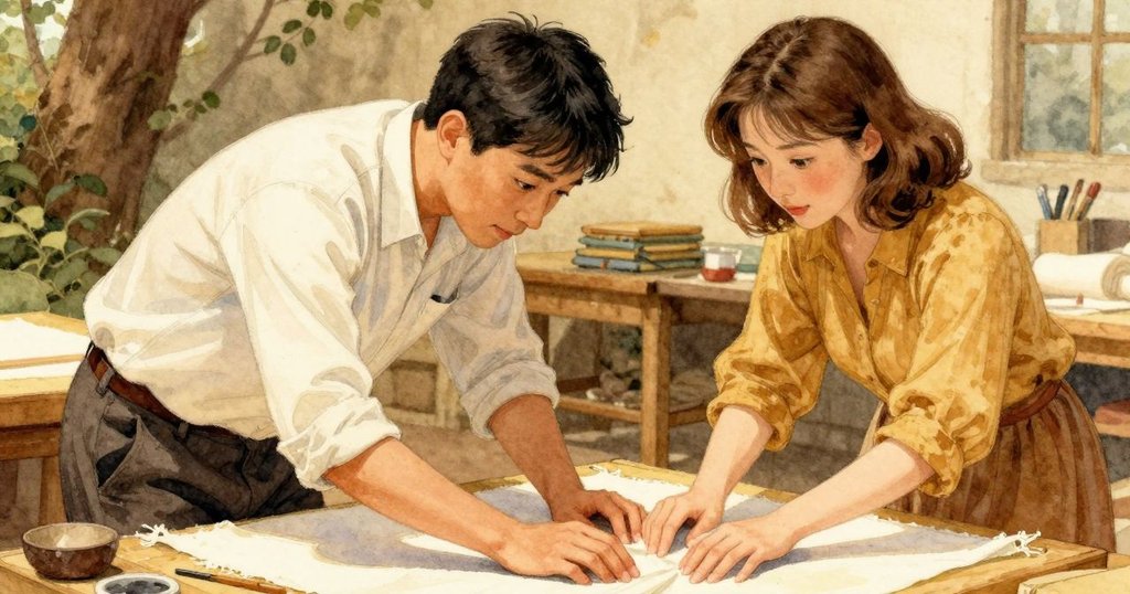 葛瑞塔輕敲木梁，奈爾用手指細緻追尋樹葉圖案，並挑選淺色紗線繼續創作，動靜結合感溫暖