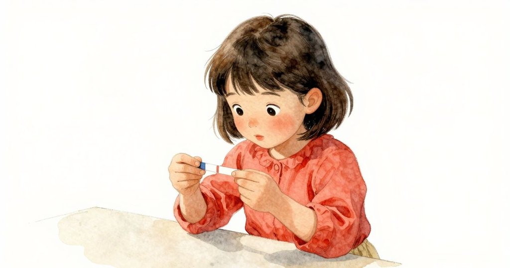 Halle 驚喜比對兩張試紙, 面部表情充滿好奇, 實驗室中器具清晰展現層次變化