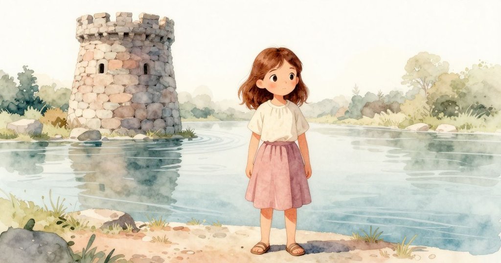 艾塔站在寧靜河邊，感受流水溫柔拂過腳踝，注視著未完成的石塔，心中充滿平和與期待。