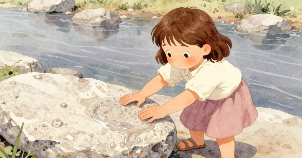 艾塔低頭仔細察看濕潤花崗石，手指輕觸石面，眼中流露細膩探索之情，在河邊發現奧秘。