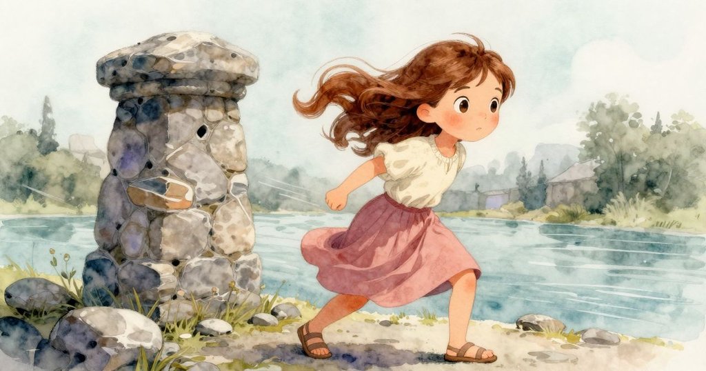 微風吹拂瞬間，艾塔驚訝瞪大眼睛，石塔因風略微傾斜，礫石輕顫滾動在河畔，氣氛變得緊張。