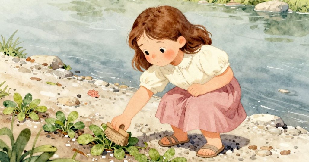 艾塔漫步上游，輕觸柔滑水草，腳步在變幻河岸碎石間流露寧靜探索，過程充滿自然氣息。