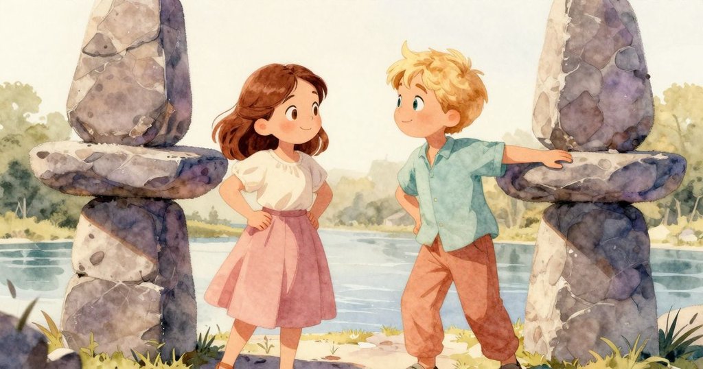 艾塔與特倫特並肩立於石塔旁，互望著滿足微笑，共慶石塔平衡重組，環境充滿溫暖與希望。