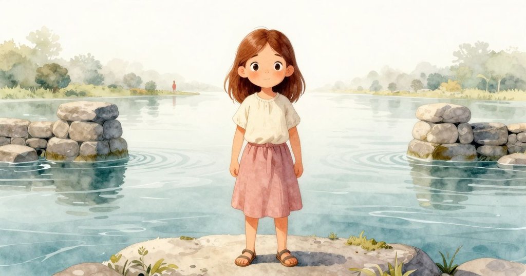 寬闊河畔全景中，艾塔站在穩固石塔旁，周圍水流與碎石交織出和諧畫面，最終展現寧靜之美。