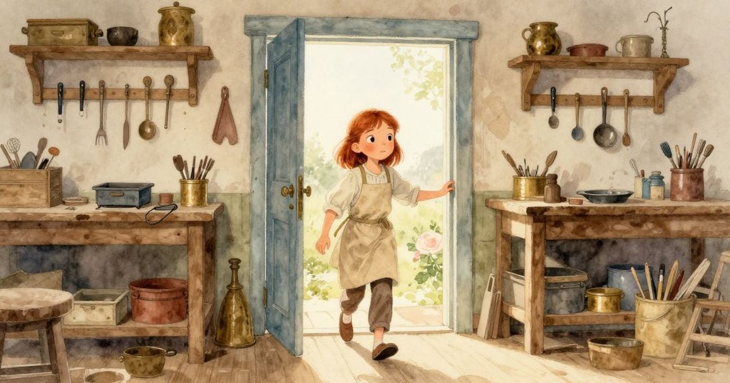 Astrid走入工作室,滑開大門,充滿好奇心,明亮早晨光線灑入室內,展現溫暖與寬敞感