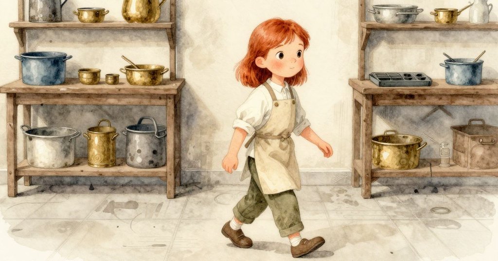 Astrid在工作室中行走,仔細觀察地板上粉筆格狀線條與新舊混合的混凝土細節,充滿探索精神