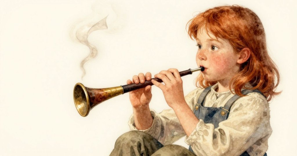 Astrid輕握練習管,細膩氣息令管內響起柔和音韻,傾斜蒸氣在溫暖光中舞動,情感豐富