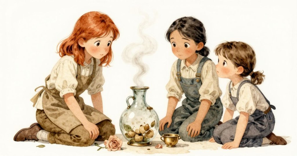 Astrid與Margot站在工作台前,凝視著不對稱玻璃器物與傾斜蒸氣,桌上鉛筆默默訴說持續創作的故事