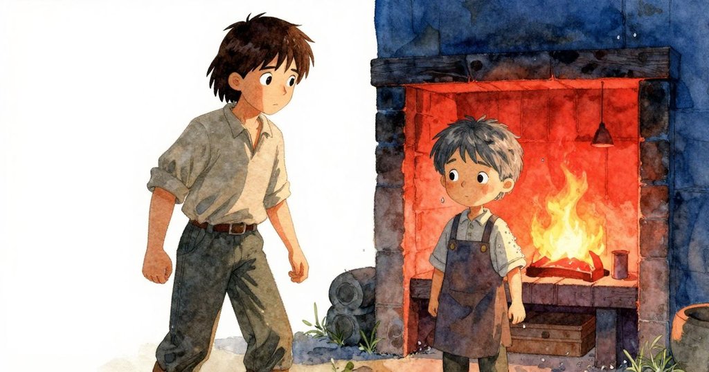 Faye 走向門口，袖上水滴閃爍，火爐暖光與外面涼爽濕氣交織，Wilder 在旁靜觀