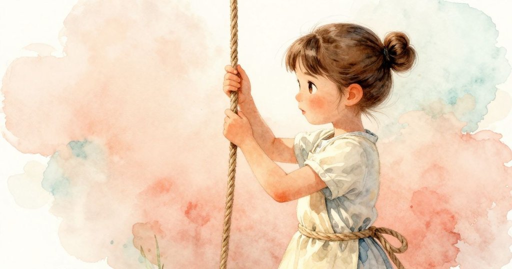 少女Thea輕觸繩索,憶起春日暖意,手指巧妙調整繩索張力,室內柔光中流露專注情懷
