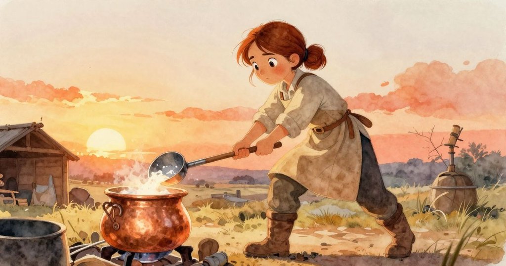 Iris在溫暖工房內拿著銅製勺子，走向發出橙色光芒的熔爐，神情堅定，展現開端儀式