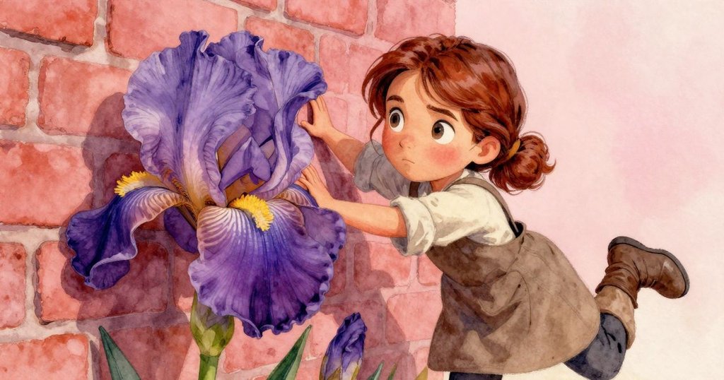 Iris近距離觸摸磚牆感受溫度，神情專注，熔爐光芒映襯下充滿探索與期待