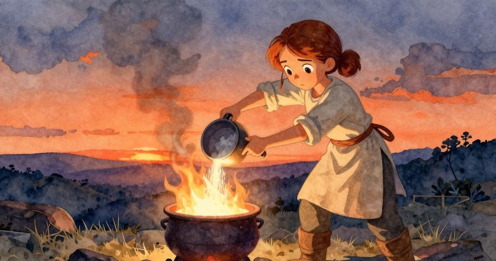 Iris專注地將銀色粉末倒入發光熔爐中，層次分明的工房內，光影與熱浪交織呈現奇幻景象