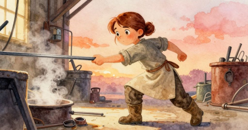 Iris在工房內部換工具，伸手拿起長鋼棒，背景展示整齊工具與蒸氣，燈光柔和充滿溫馨